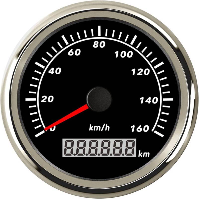 ELING GPS-Tachometer, 85 mm, 0–160 km/h, Geschwindigkeitsmesser mit roter Hintergrundbeleuchtung, 9–32 V, für Auto, Motorrad (0–160 km/h, schwarz + Edelstahl) von ELING