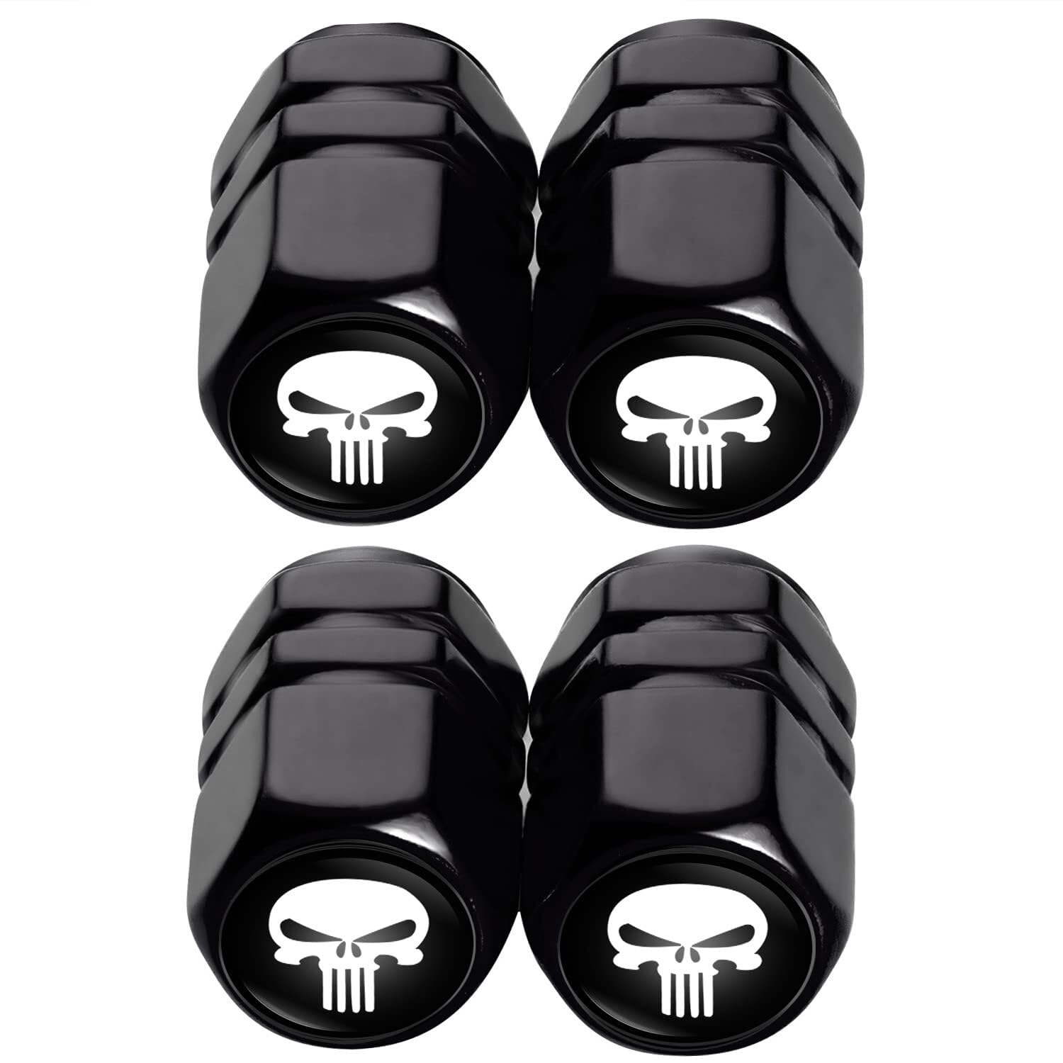 Auto-Ventilschaftkappen, Ersatz for Totenkopf-Autos, LKWs, Fahrräder, Logo, alle Modelle, Metall-Autorad-Luftabdeckung, Reifenventilkappen-Zubehör, 4er-Pack(Skull-Black) von ELNBFGFTF