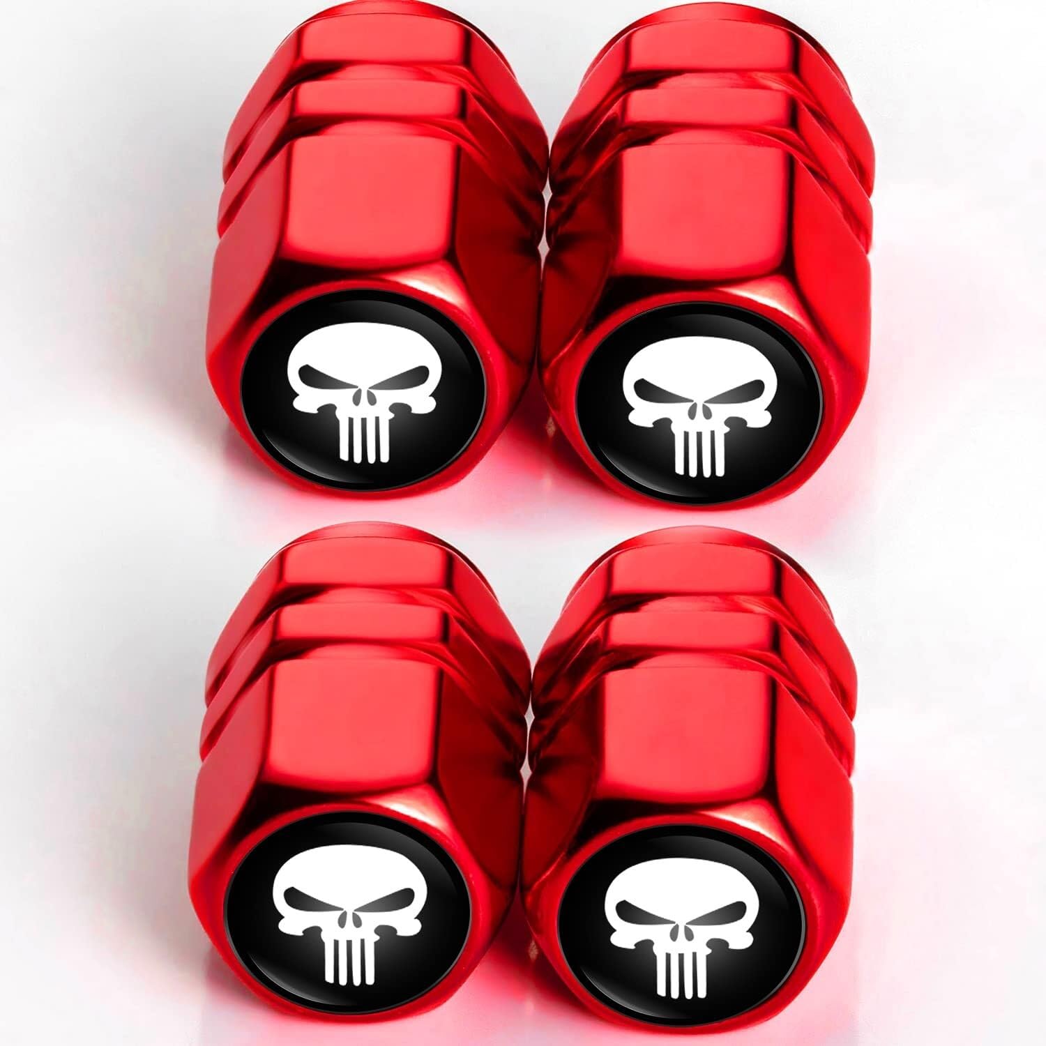 Auto-Ventilschaftkappen, Ersatz for Totenkopf-Autos, LKWs, Fahrräder, Logo, alle Modelle, Metall-Autorad-Luftabdeckung, Reifenventilkappen-Zubehör, 4er-Pack(Skull-Red) von ELNBFGFTF