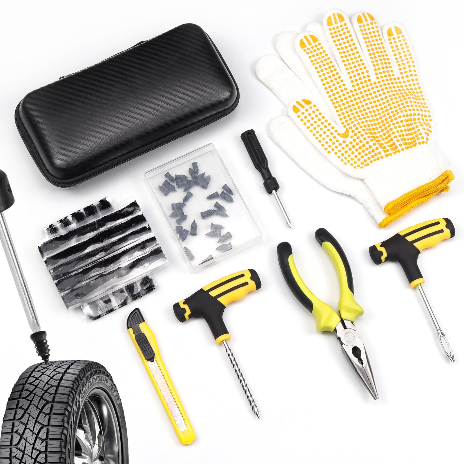 ELNLE Reifenreparaturset Auto Reifen Flickset Tubeless Autoreifen Reparaturset 58 Stück Reifenpannenset mit 30 Vakuum Reifen Reparatur Nagel 20 Reparaturstreifen für PKW, Motorrad, LKW, ATV von ELNLE