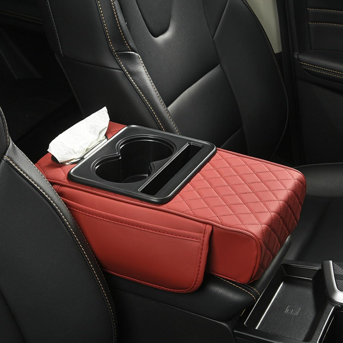 Armlehnenbox für Fahrzeuge Universal Auto Armlehnen Auflage PU Leder Car Armrest Box Pad mit Organizer Taschen, Auto-Armlehnen-Organizer, multifunktionaler Auto-Innenaufbewahrungs-Organizer für(Red) von ENGFGH