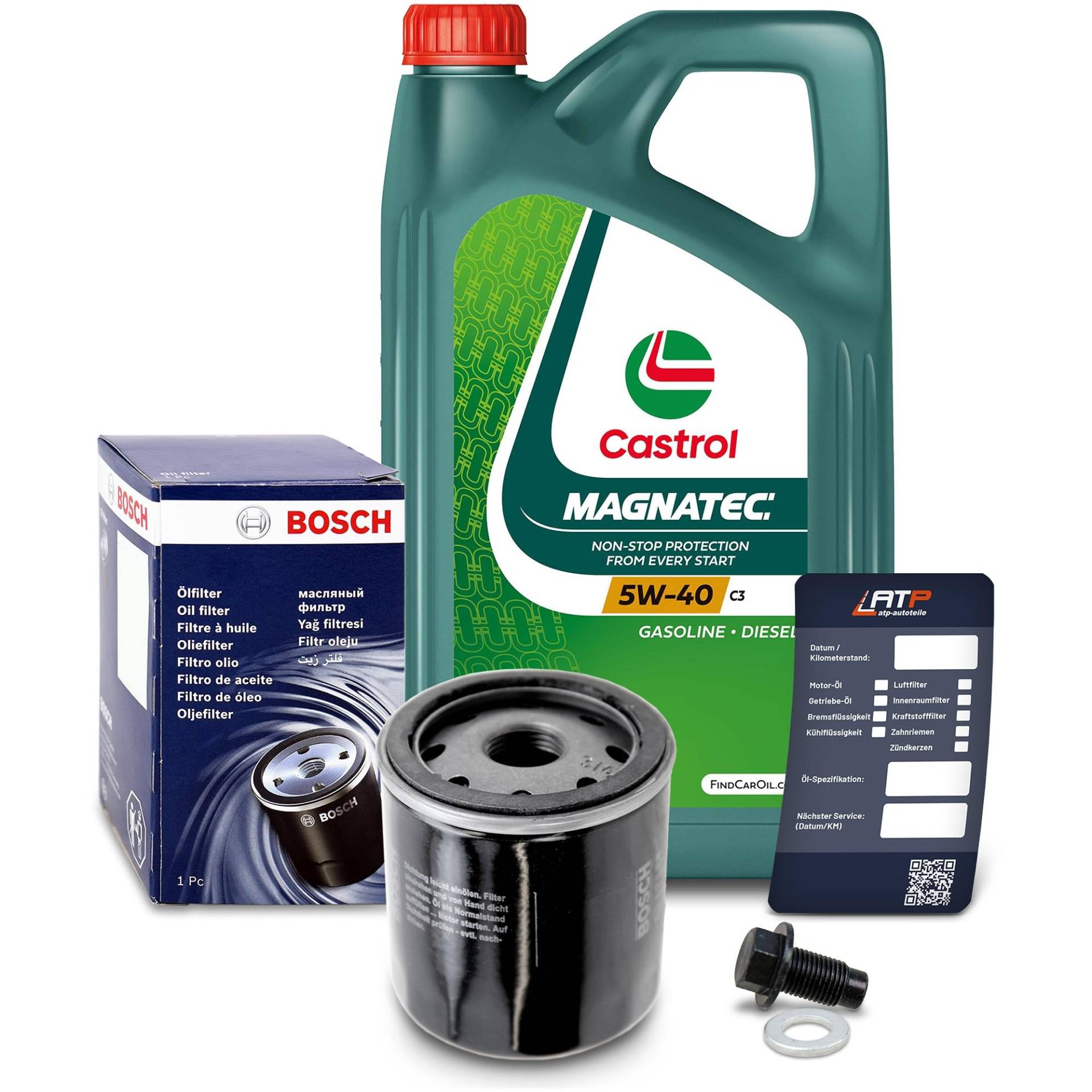 1x Ölwechsel Set - BOSCH ÖLFILTER + 5 L CASTROL MAGNATEC 5W-40 C3 von ENVA MADE FOR QUALITY