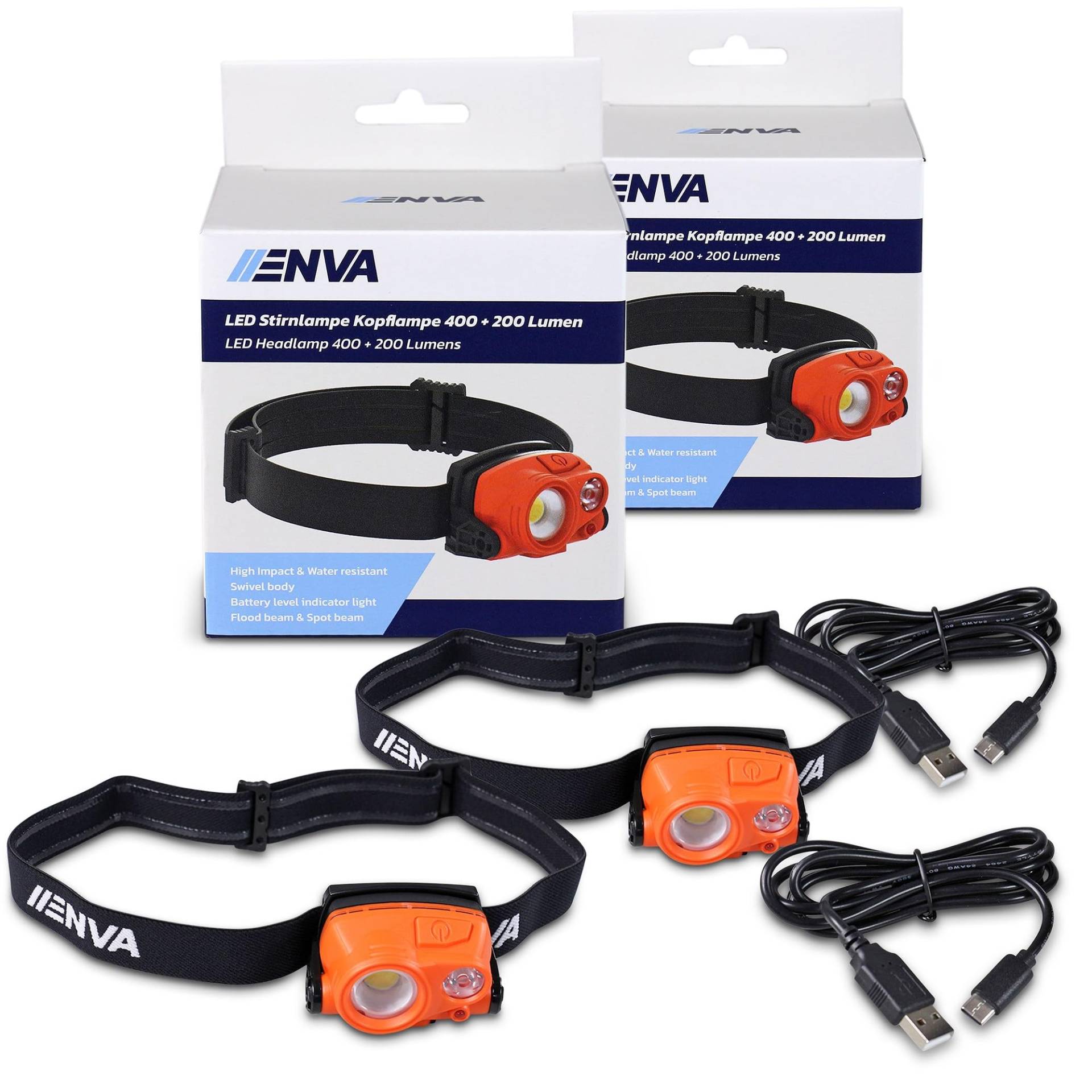 ENVA 2X LED Stirnlampe Kopflampe 400 + 200 Lumen von ENVA MADE FOR QUALITY