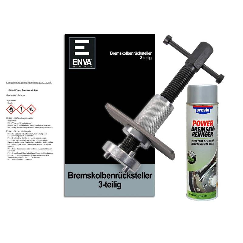 ENVA Bremskolbenrücksteller 3TLG. + 500 ml Bremsenreiniger Profi Werkzeugset für müheloses Zurücksetzen der Bremskolben inkl. Druckplatte und Adapter von ENVA MADE FOR QUALITY