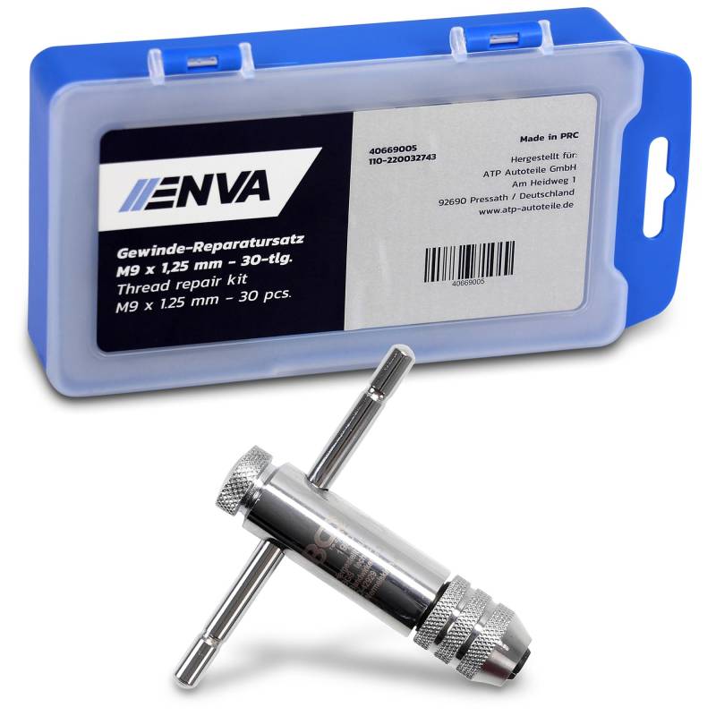 ENVA Gewinde Reparatursatz 30TLG. M9 x 1,25 mm + Werkzeughalter mit Gleitgriff für Gewindebohrer M3 - M10 80mm Helicoil Set für einfache und präzise Gewindeerneuerung von ENVA MADE FOR QUALITY