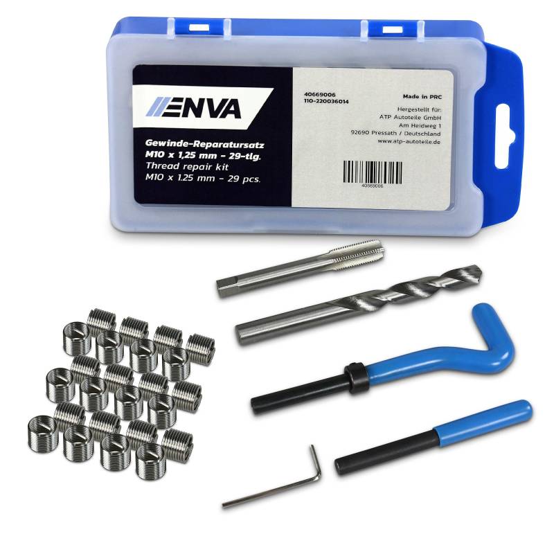 ENVA Gewindereparatursatz 29TLG. M10 x 1,25mm Gewinde Reparatur für Innengewinde Gewindereparaturwerkzeug Helicoil Set aus Stahl Einsätze Hülsen von ENVA MADE FOR QUALITY