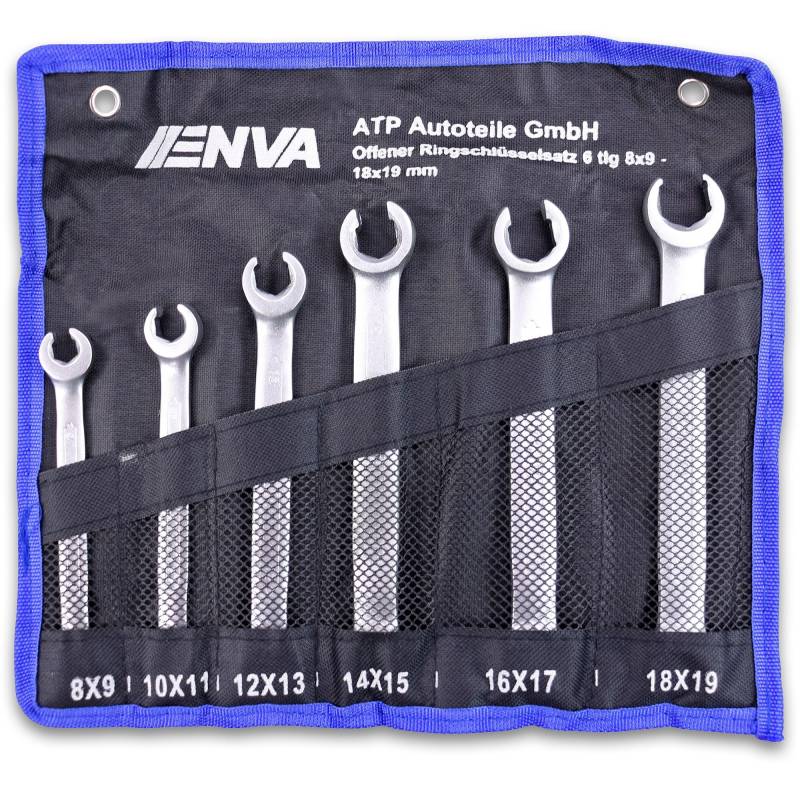 ENVA Offener Doppel Ringschlüssel Set SW 8x9 – 18x19mm 6TLG. Bremsleitung Schlüssel Matt Verchromt mit abgewinkelte Ringseiten aus Chrom-Vanadium-Stahl von ENVA MADE FOR QUALITY