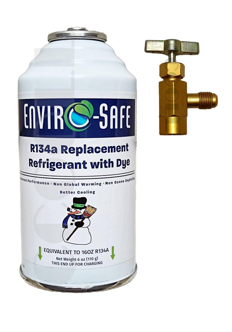 ENVIRO-SAFE R134a Ersatz Kältemittel mit Leckerkennung Replacement Refrigerant with Dye - Made in USA - 6 oz (134a w/Dye + Ventil) von ENVIRO-SAFE