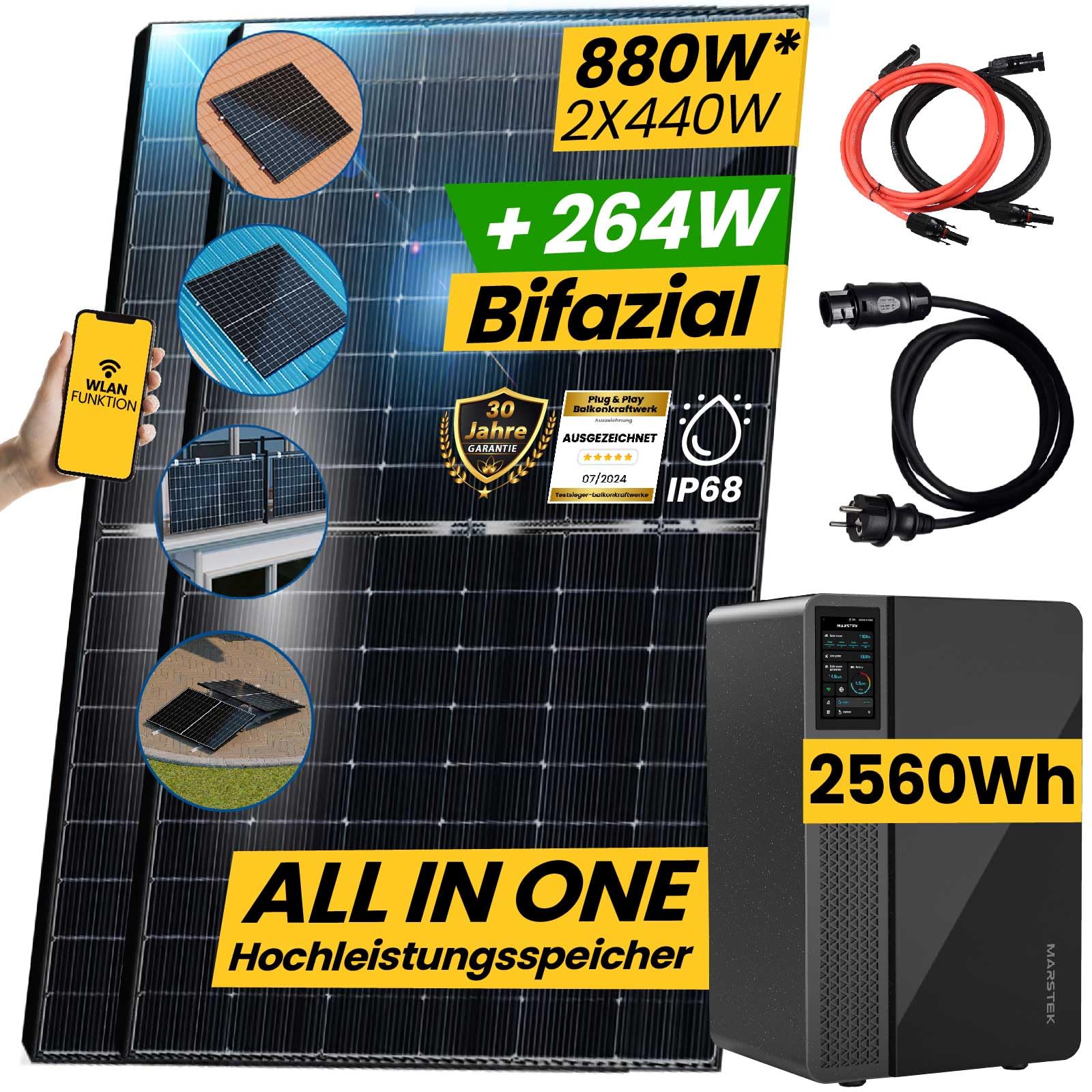 880W/800W Balkonkraftwerk mit Speicher Komplettset 2,56kWh Marstek Jupiter C Speicher inkl. 800W integrietem Wechselrichter | Plug and Play Smart Mini Anlage mit Ziegeldach PV Montagesystem von EPP.Solar