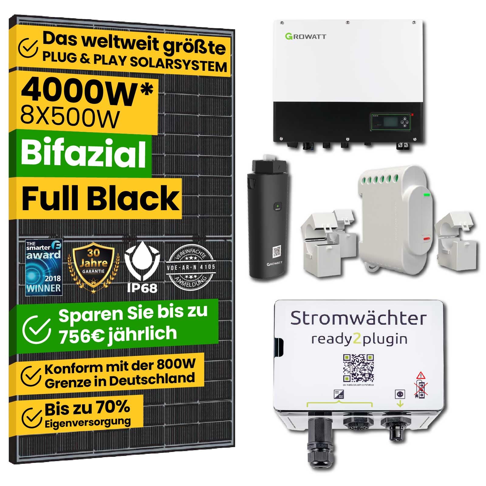 EPP. Solar® 4000W Smart Balkonkraftwerk mit Ready2plugin Stromwächter,8x 500W Bifazial Solarpanel und Growatt 3000W Wechselrichter -Plug and Play Photovoltaikanlage von EPP.Solar