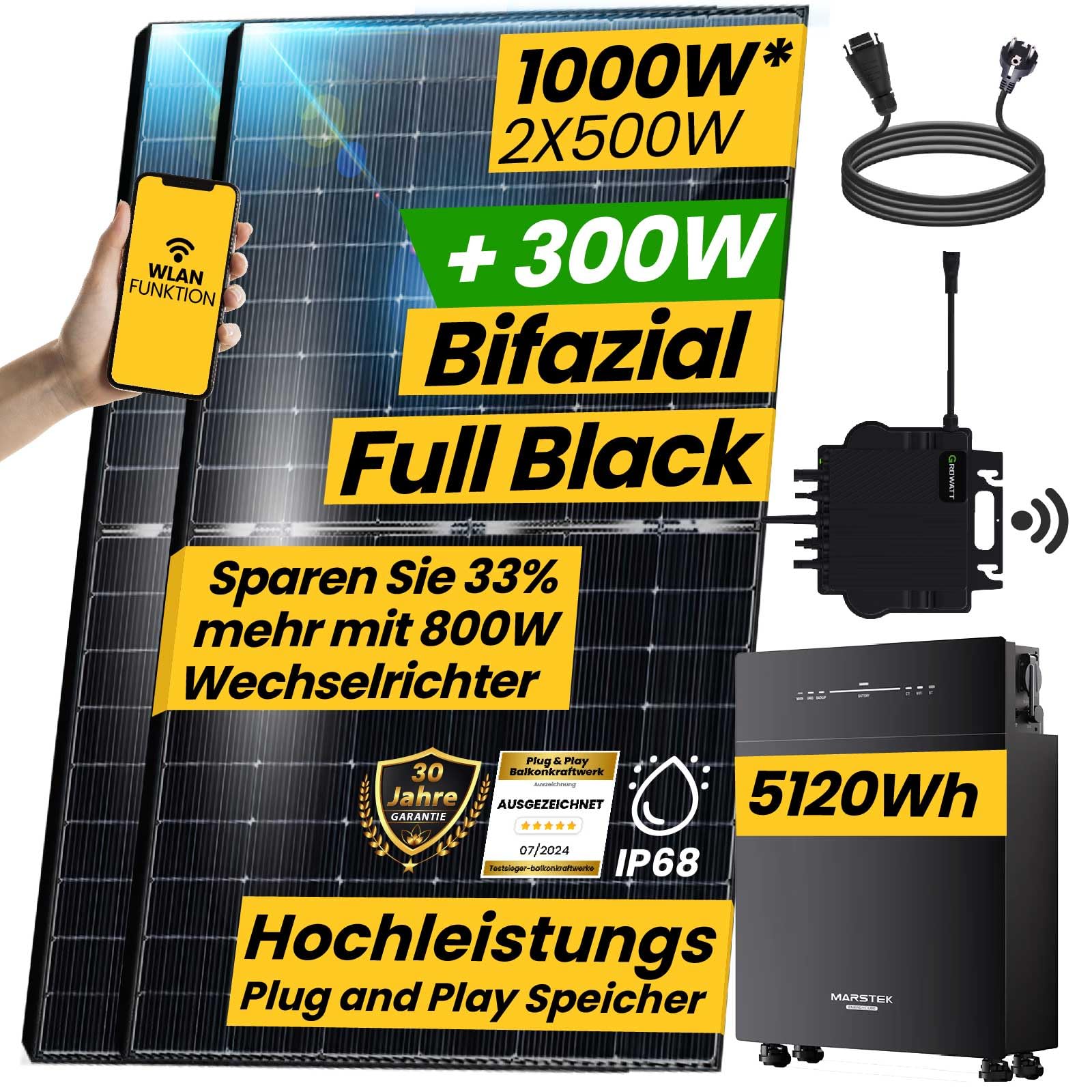 EPP.Solar® 1000W/800W Balkonkraftwerk mit Speicher Komplettset | 5,12 kWh Marstek Venus-E AC gekoppelt Solarpeicher | Growatt NEO 800W WIFI Wechselrichter Smart PV Anlage von EPP.Solar