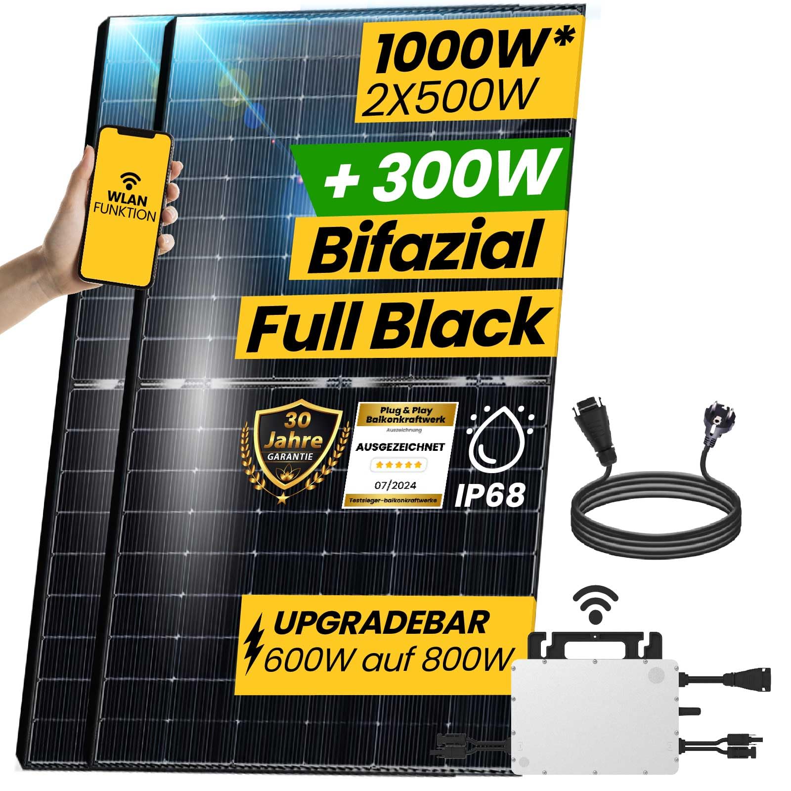 EPP.Solar 1000W Balkonkraftwerk 800W komplett Steckdose - Balkonkraftwerk 800 Watt upgradebarer HMS Wechselrichter 800W, 2x500W Bifaziale Glas/Glas Solarmodule im Solaranlage Komplettset von EPP.Solar