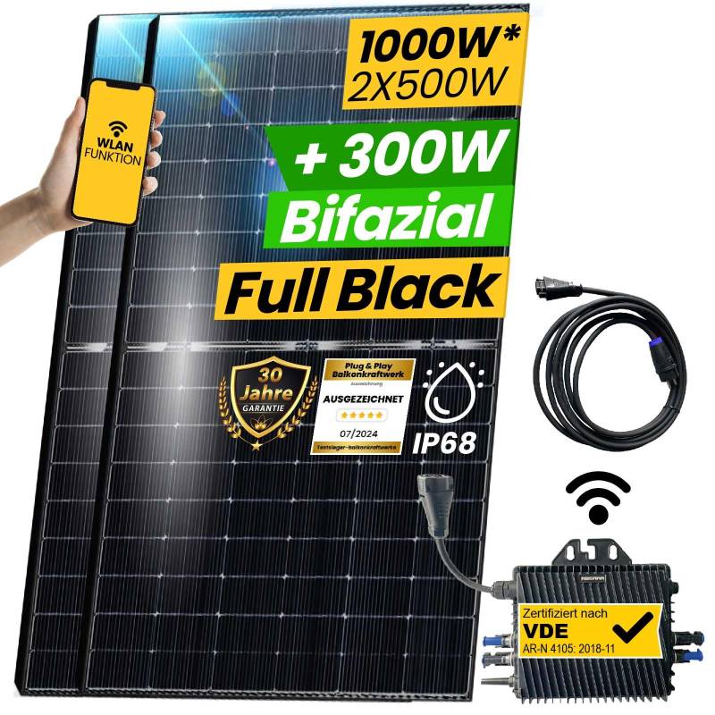 EPP.Solar® 1000W Balkonkraftwerk Bifazial Komplettset Photovoltaik Solaranlage mit 800W WIFI Wechselrichter Smart Mini PV Anlage (1000-ABSAAR-800W, Mit Schukostecker) von EPP.Solar