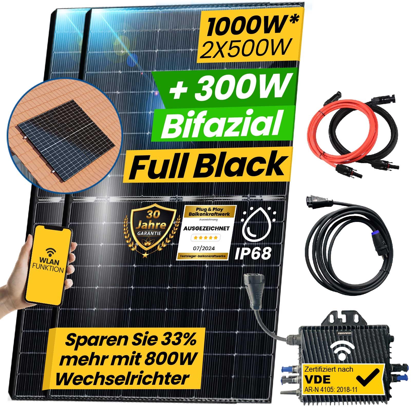 EPP.Solar® 1000W Balkonkraftwerk Bifazial Komplettset Photovoltaik Solaranlage mit 800W WIFI Wechselrichter Smart Mini PV Anlage | Ziegeldach PV Montagesystem von EPP.Solar