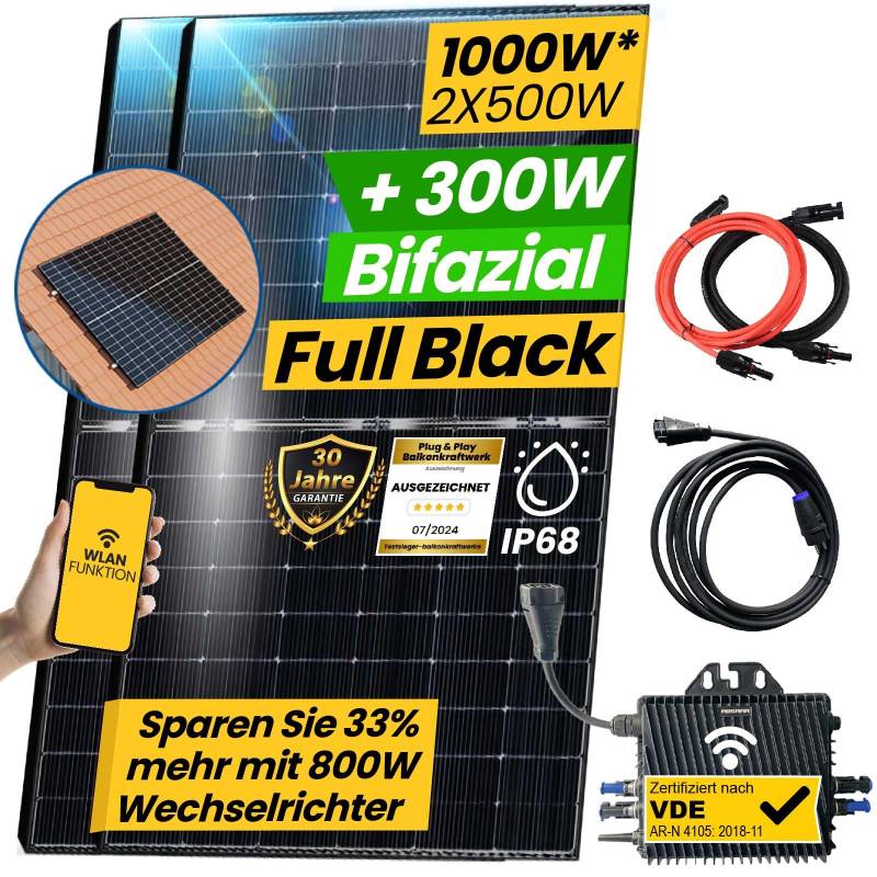 EPP.Solar® 1000W Balkonkraftwerk Bifazial Komplettset Photovoltaik Solaranlage mit 800W WIFI Wechselrichter Smart Mini PV Anlage | Ziegeldach PV Montagesystem von EPP.Solar