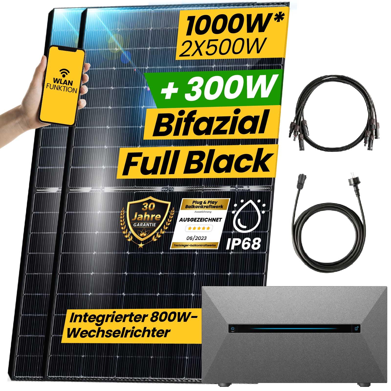 EPP.Solar® 1000W Balkonkraftwerk Komplett Steckdose mit ANKER SOLIX E1600 PRO Speicher inkl. 800W integrietem Wechselrichter, 2x500W Bifazial Modul Black/Silber Rahmen von EPP.Solar