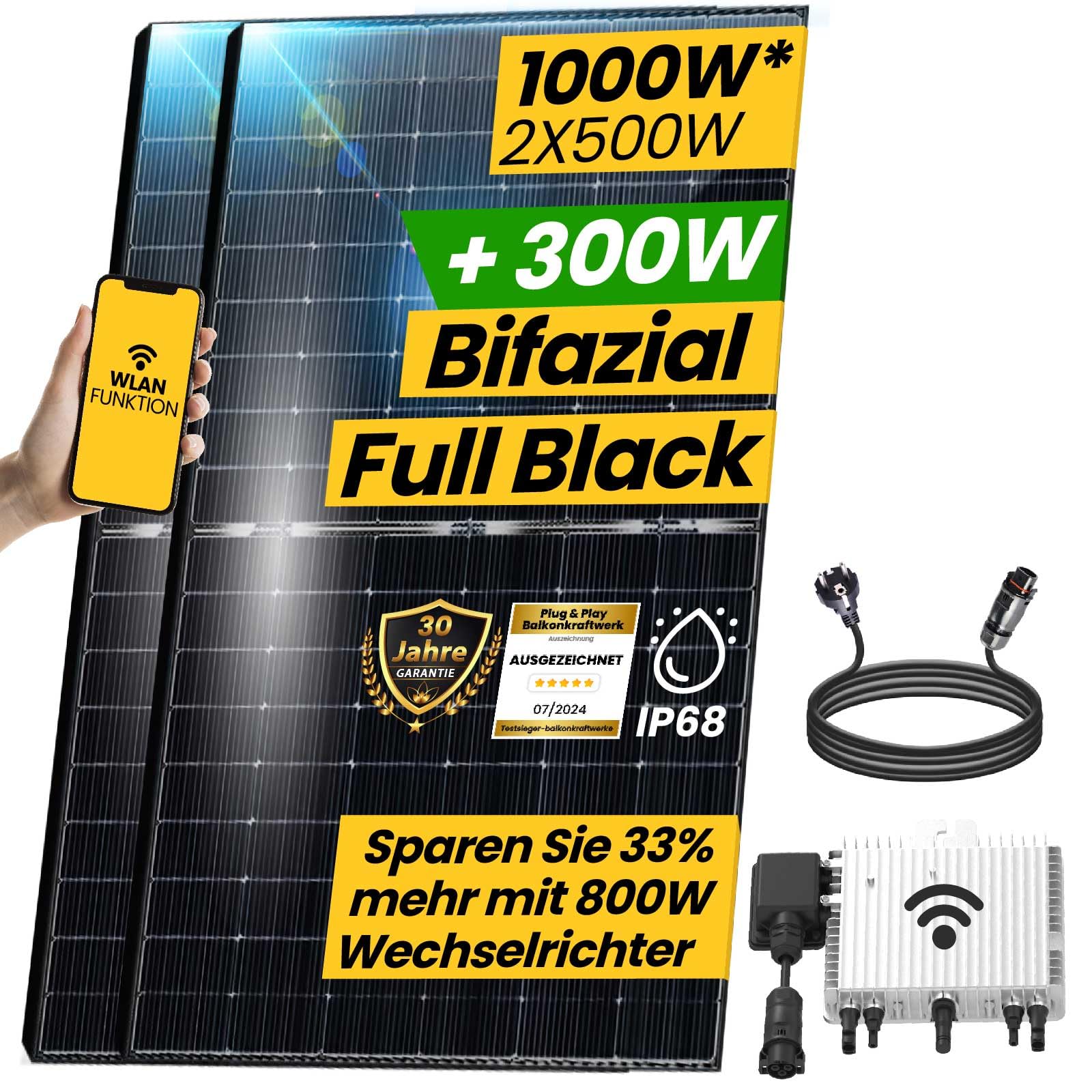 EPP.Solar® 1000W Balkonkraftwerk - Solaranlage Komplettset mit 500 Watt Bifazial Solarmodule Komplettanlage, Neu Generation Upgradefähiger 800W APE OEM Wechselrichter mit Relais, 3m Schukostecker von EPP.Solar