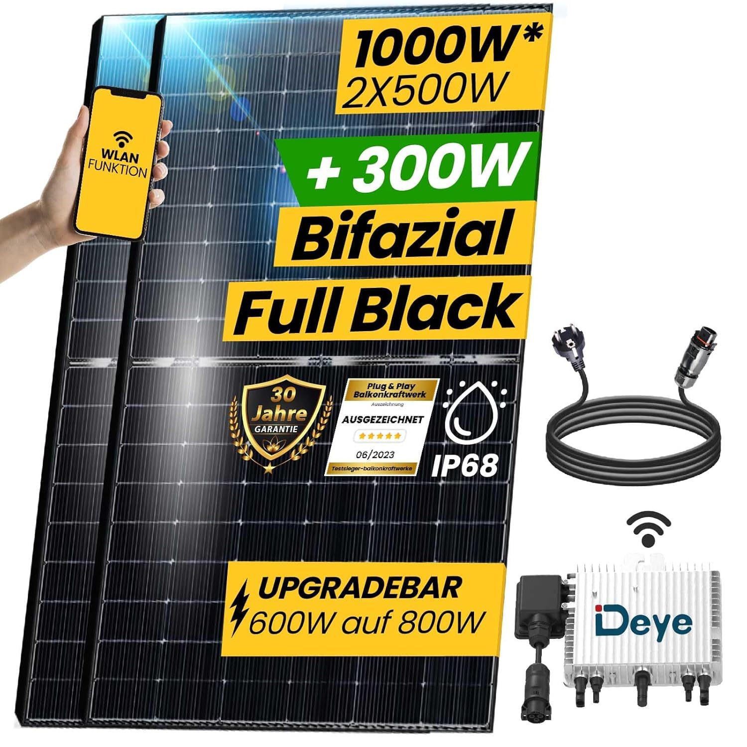 EPP.Solar® 1000W Balkonkraftwerk - Solaranlage Komplettset mit 500 Watt Bifazial Solarmodule Komplettanlage, Neu Generation Upgradefähiger 800W Deye Wechselrichter mit Relais, 3m Schukostecker von EPP.Solar