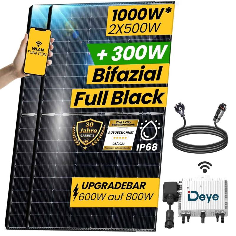 EPP.Solar® 1000W Balkonkraftwerk - Solaranlage Komplettset mit 500 Watt Bifazial Solarmodule Komplettanlage, Neu Generation Upgradefähiger 800W Deye Wechselrichter mit Relais, 3m Schukostecker von EPP.Solar