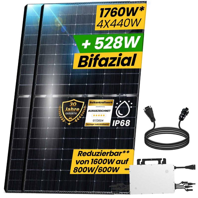 EPP.Solar® 1760W Balkonkraftwerk 1600 Watt upgradebarer HMS Wechselrichter - Solaranlage Komplettset mit 440 Watt Solarmodule, HMS-1600W, 5m Wielandstecker -Photovoltaik Komplettanlage von EPP.Solar