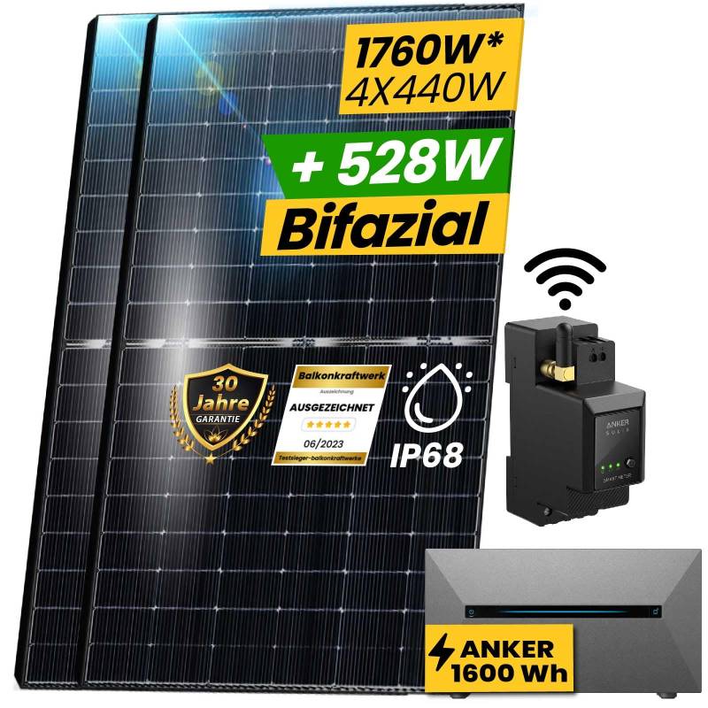 EPP.Solar® 1760W Balkonkraftwerk Komplett Steckdose mit ANKER SOLIX E1600 PRO Speicher inkl. 800W integrietem Wechselrichter mit 4x440W Bifaziale Glas/Glas n-Type Balkonkraftwerk Speicher von EPP.Solar