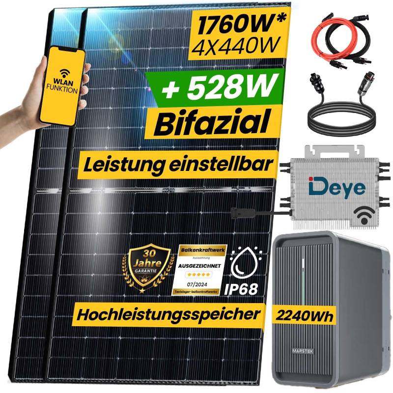 EPP.Solar® 1760W Balkonkraftwerk mit Speicher 2,24 kWh Marstek B2500-D Speicher mit DEYE 1600W WIFI Wechselrichter Smart Mini Anlage mit 4x440W Bifaziale Glas/Glas n-Type Balkonkraftwerk Speicher von EPP.Solar