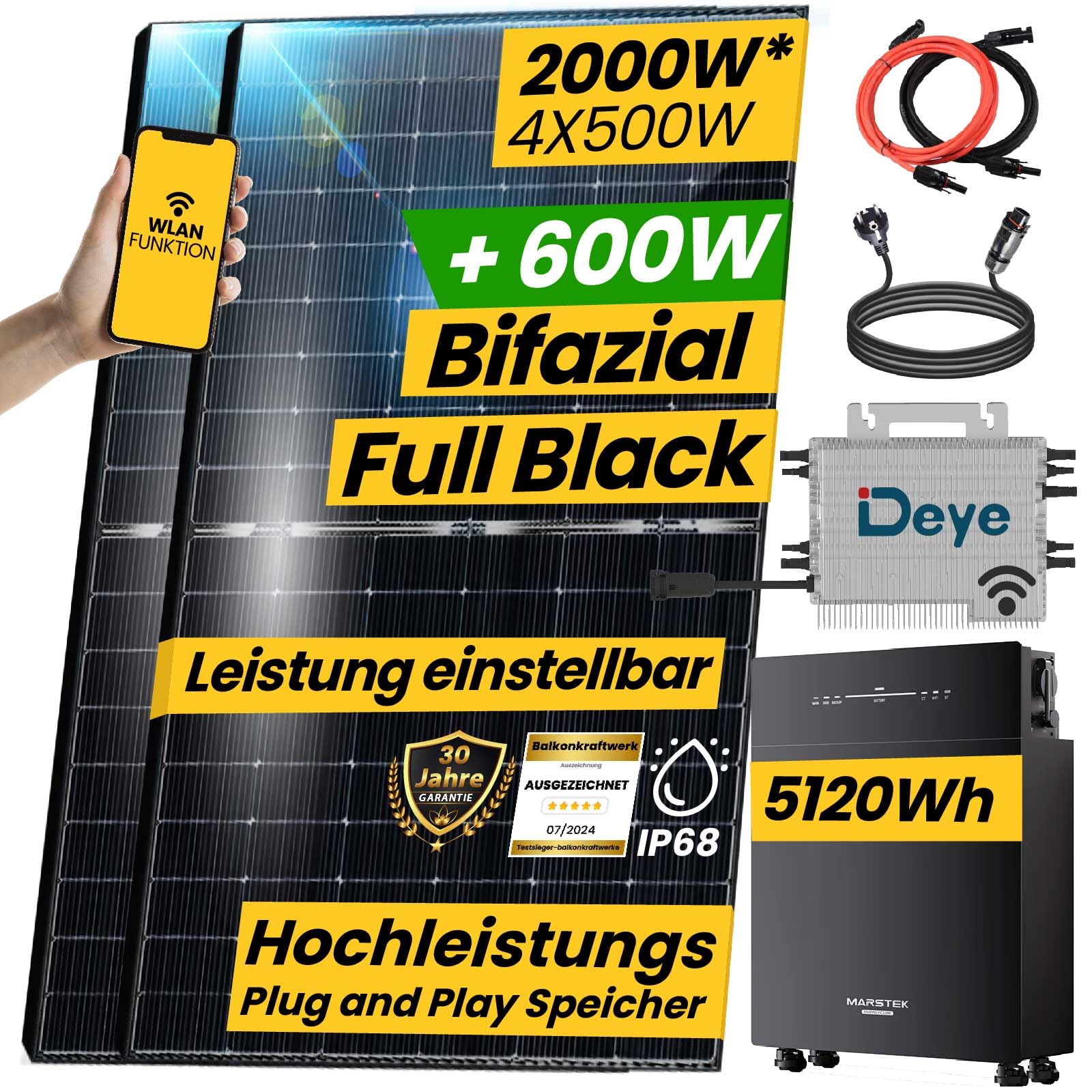 EPP.Solar® 2000W/2000W Balkonkraftwerk mit Speicher Komplettset | 5,12 kWh Marstek Venus-E AC gekoppelt Solarpeicher | DEYE 2000W WIFI Wechselrichter Smart PV Anlage von EPP.Solar