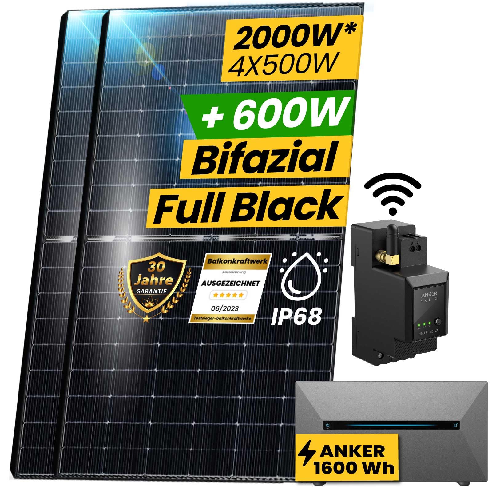 EPP.Solar® 2000W Balkonkraftwerk Komplett Steckdose mit ANKER SOLIX E1600 PRO Speicher inkl. 800W integrietem Wechselrichter mit 4x500W Bifaziale Glas/Glas n-Type Balkonkraftwerk Speicher von EPP.Solar