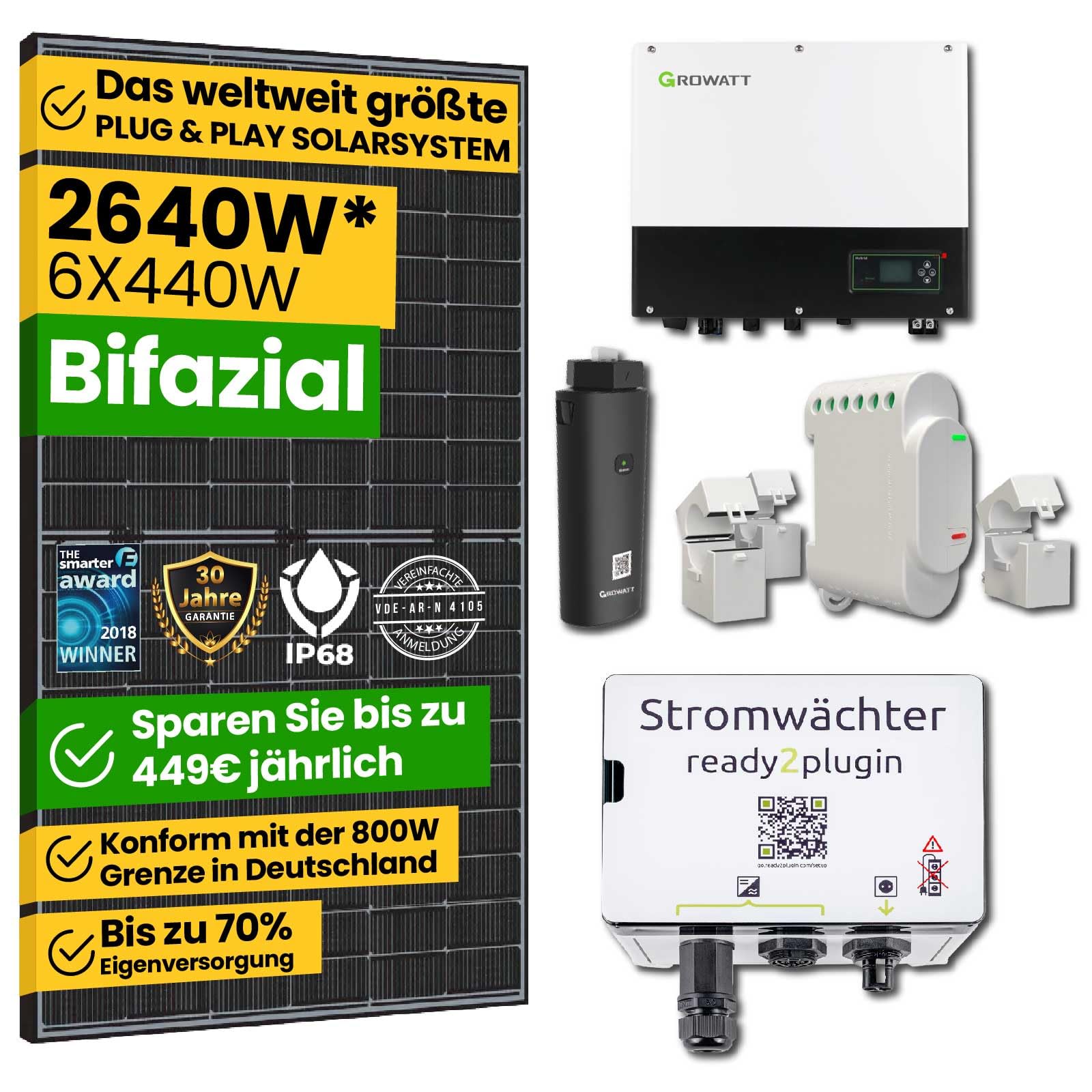 EPP.Solar® 2640W Smart Balkonkraftwerk mit Ready2plugin Stromwächter,6x 440W Bifazial Solarpanel und Growatt 3000W Wechselrichter -Plug and Play Photovoltaikanlage von EPP.Solar