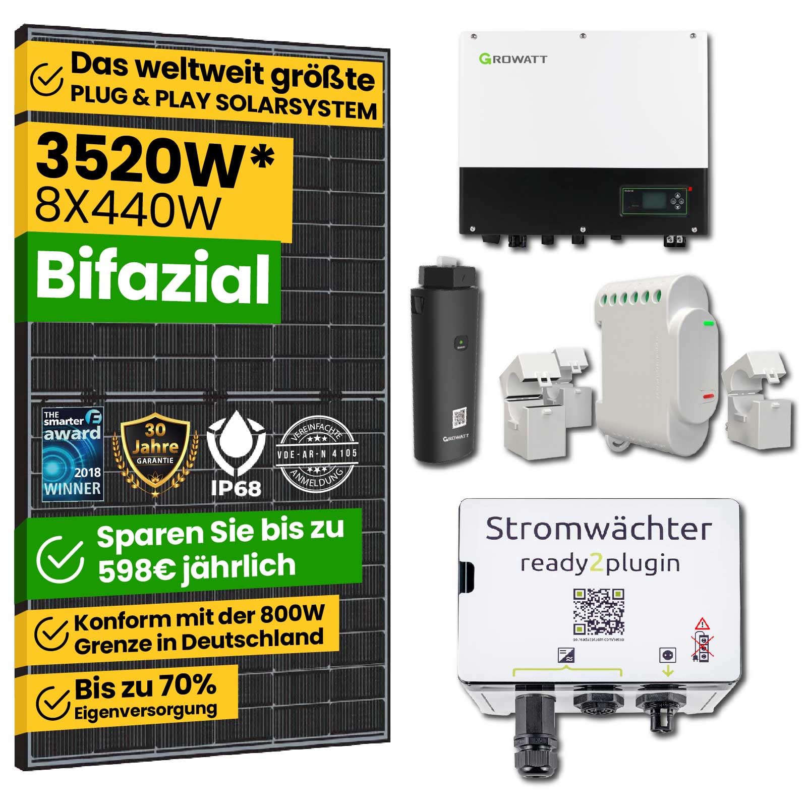 EPP.Solar® 3520W Smart Balkonkraftwerk mit Ready2plugin Stromwächter,8x 440W Bifazial Solarpanel und Growatt 3000W Wechselrichter -Plug and Play Photovoltaikanlage von EPP.Solar