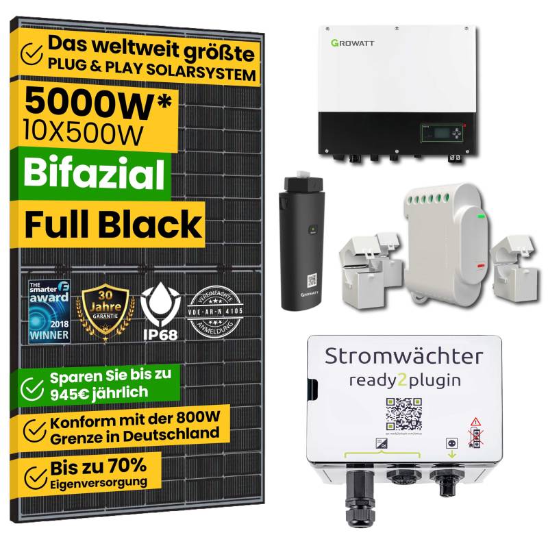 EPP.Solar® 5000W Smart Balkonkraftwerk mit Ready2plugin Stromwächter, 10x 500W Bifazial Solarpanel und Growatt 3000W Wechselrichter -Plug and Play Photovoltaikanlage von EPP.Solar