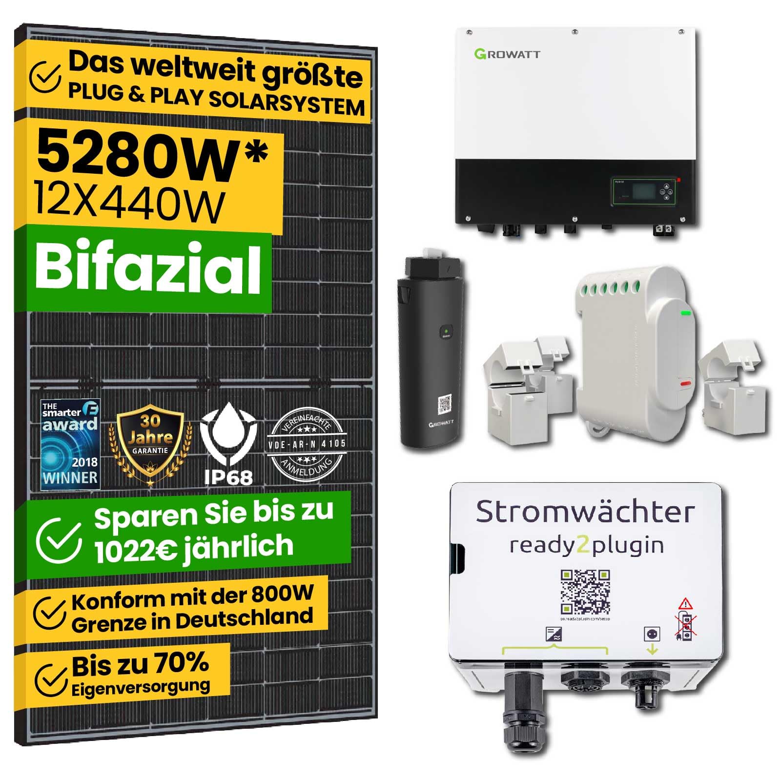 EPP.Solar® 5280W Smart Balkonkraftwerk mit Ready2plugin Stromwächter,12x 440W Bifazial Solarpanel und Growatt 3000W Wechselrichter -Plug and Play Photovoltaikanlage von EPP.Solar