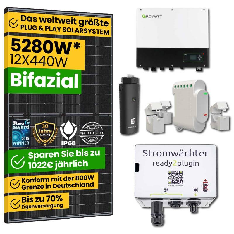 EPP.Solar® 5280W Smart Balkonkraftwerk mit Ready2plugin Stromwächter,12x 440W Bifazial Solarpanel und Growatt 3000W Wechselrichter -Plug and Play Photovoltaikanlage von EPP.Solar