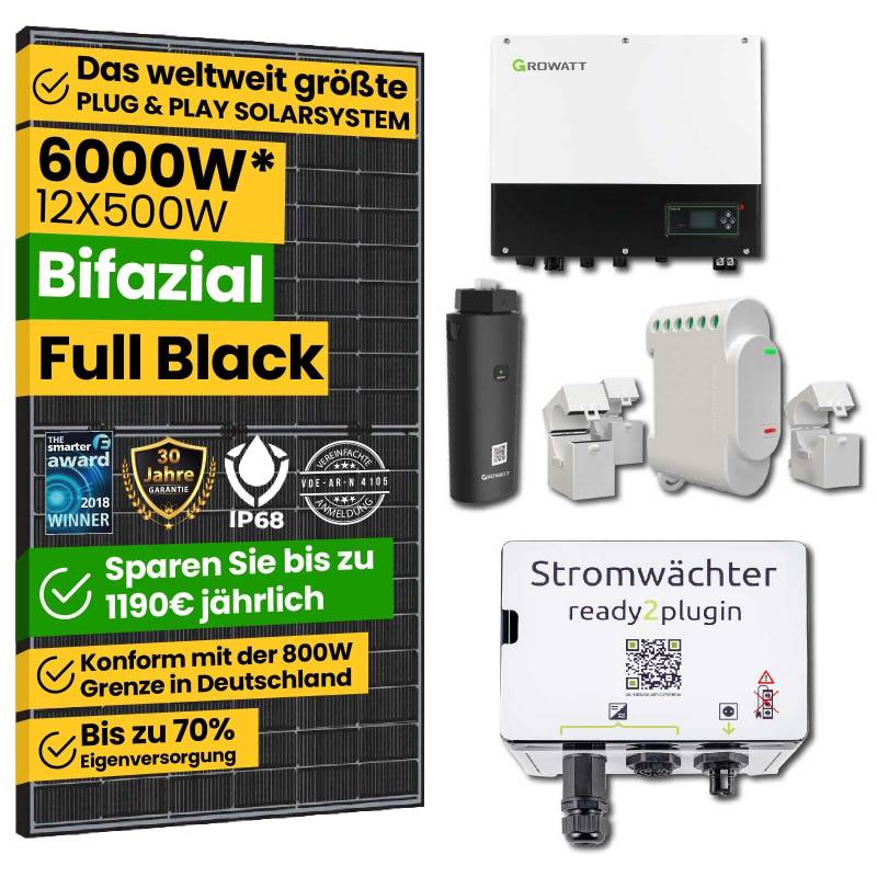 EPP.Solar® 6000W Smart Balkonkraftwerk mit Ready2plugin Stromwächter,12x 500W Bifazial Solarpanel und Growatt 3000W Wechselrichter -Plug and Play Photovoltaikanlage von EPP.Solar