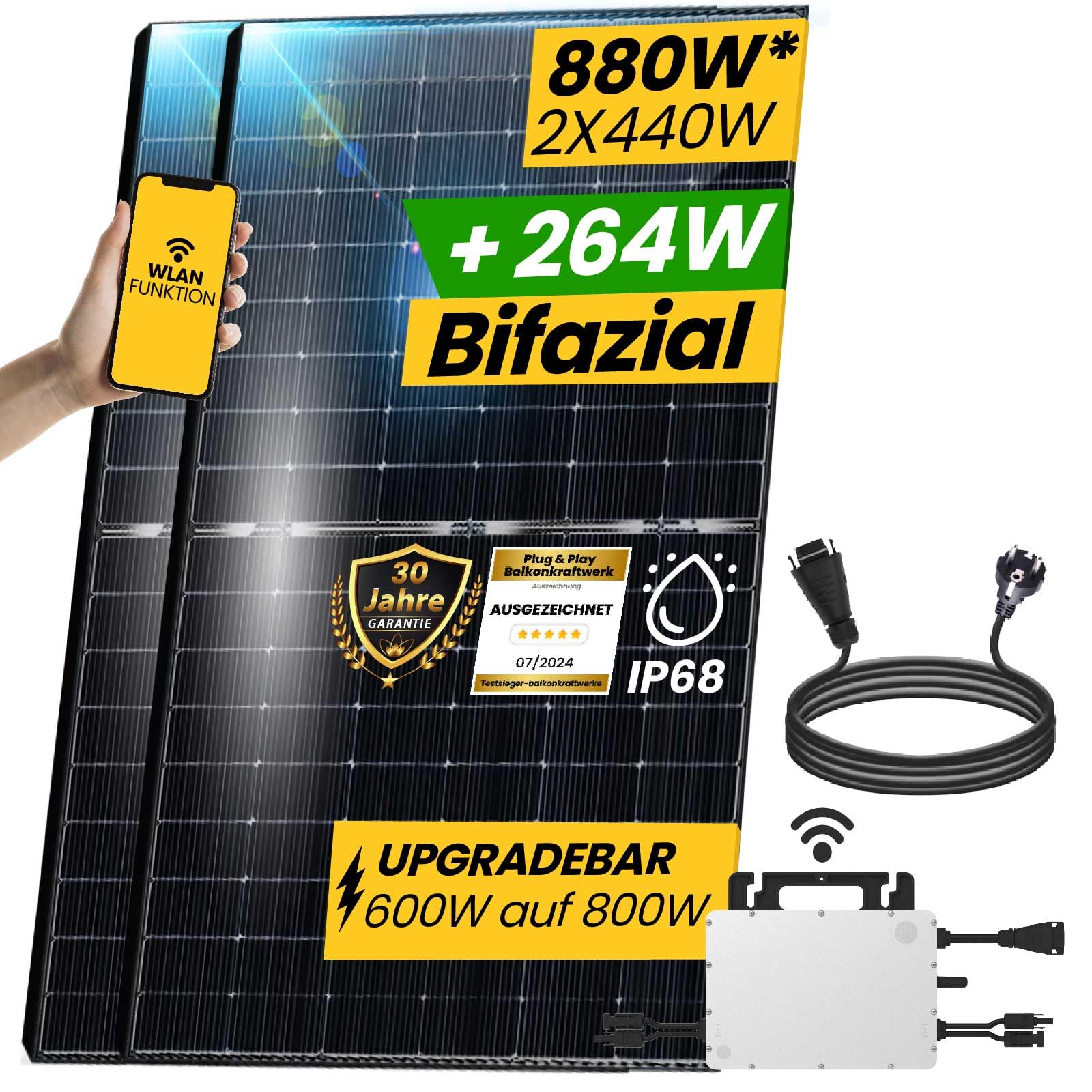 EPP.Solar® 880W/800W Balkonkraftwerk (1200W Energieerzeugung) Mit 440W bifaziale Solarmodule und HMS-800W-2T Upgradefähiger WIFI Wechselrichter von EPP.Solar