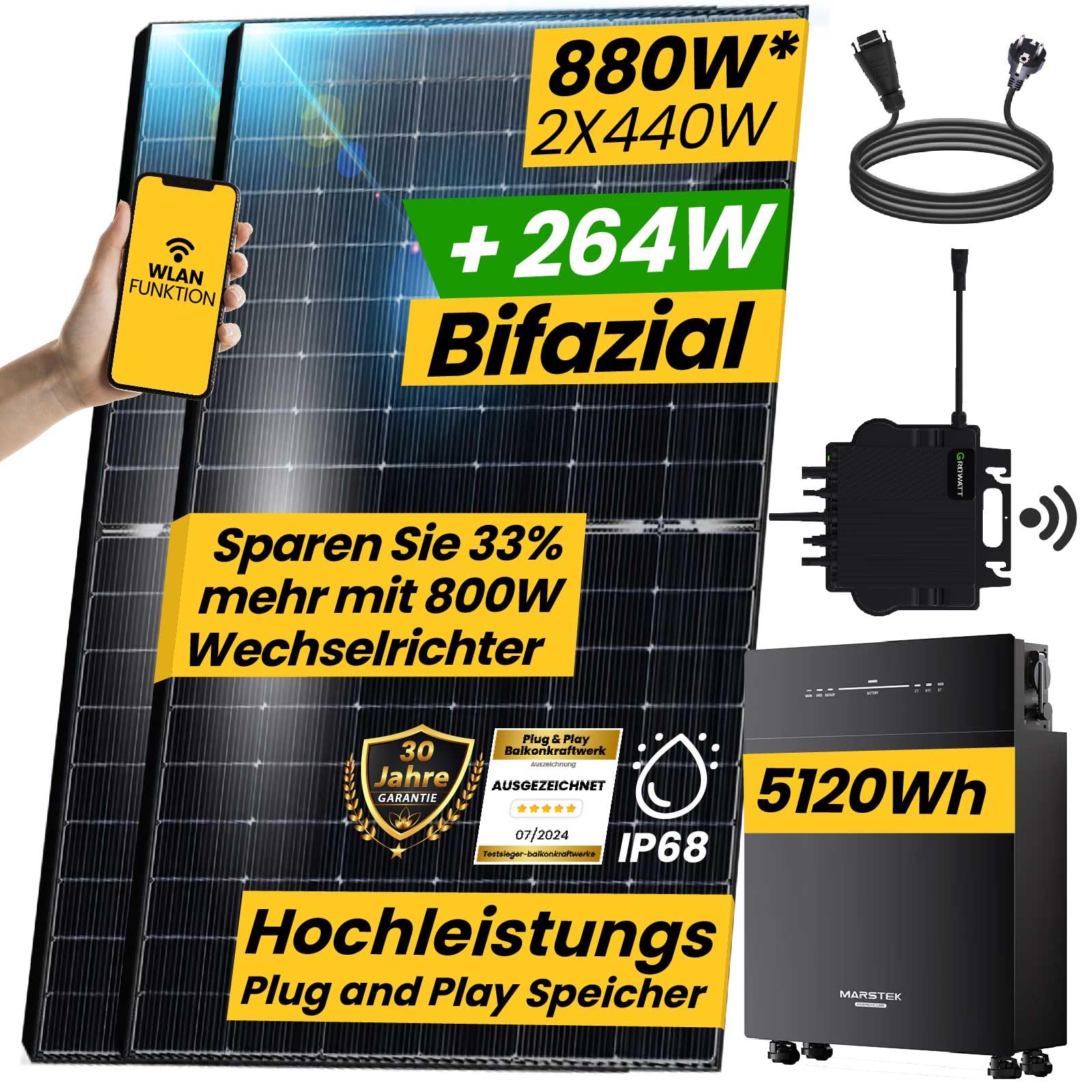 EPP.Solar® 880W/800W Balkonkraftwerk mit Speicher Komplettset | 5,12 kWh Marstek Venus-E AC gekoppelt Solarpeicher | Growatt NEO 800W WIFI Wechselrichter Smart PV Anlage von EPP.Solar