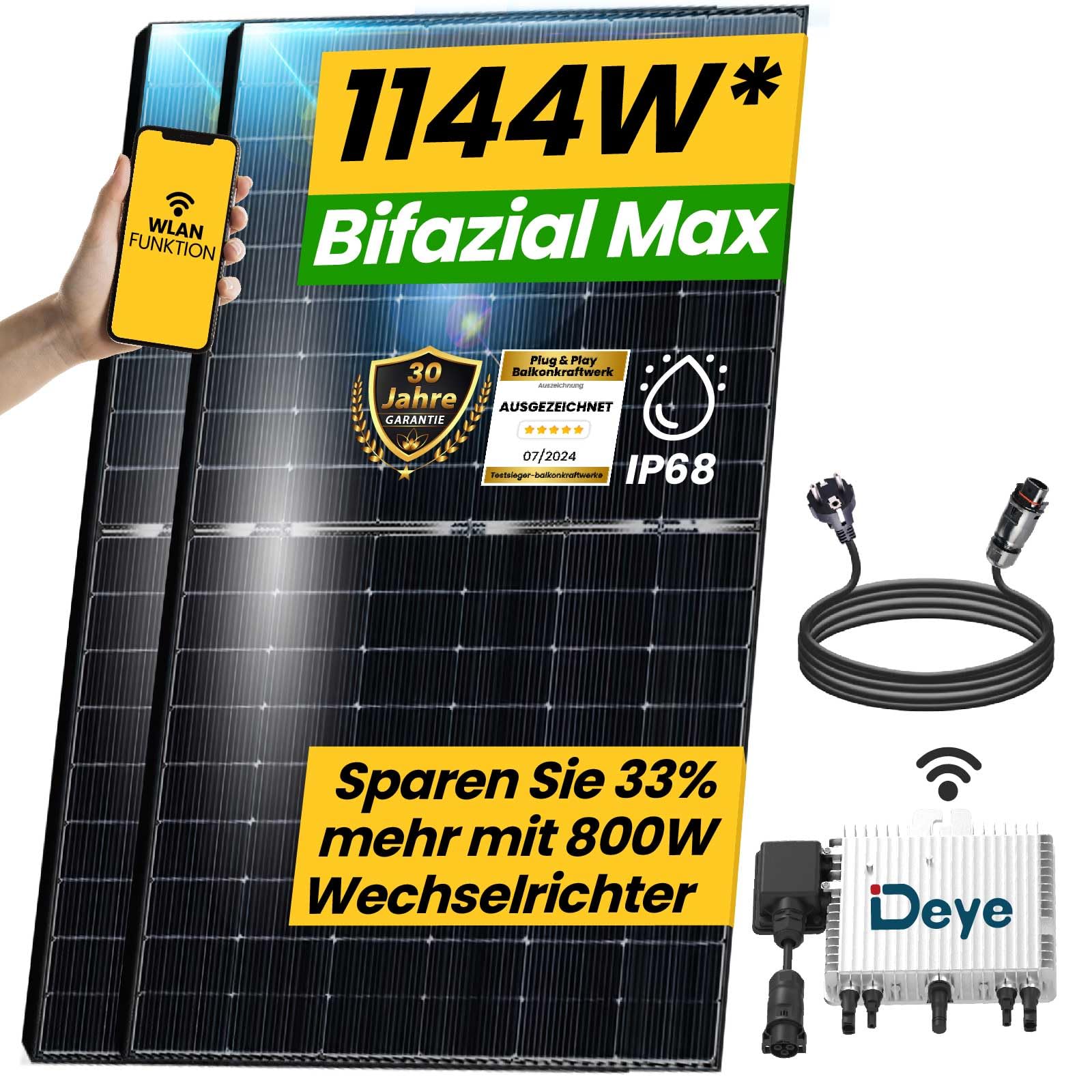 EPP.Solar 880W Balkonkraftwerk 800W komplett Steckdose, Solaranlage Komplettset mit 2x440W Bifaziale Solarmodule, Upgradefähiger 800W APE OEM Wechselrichter mit Relais - Balkonkraftwerk Komplettset von EPP.Solar