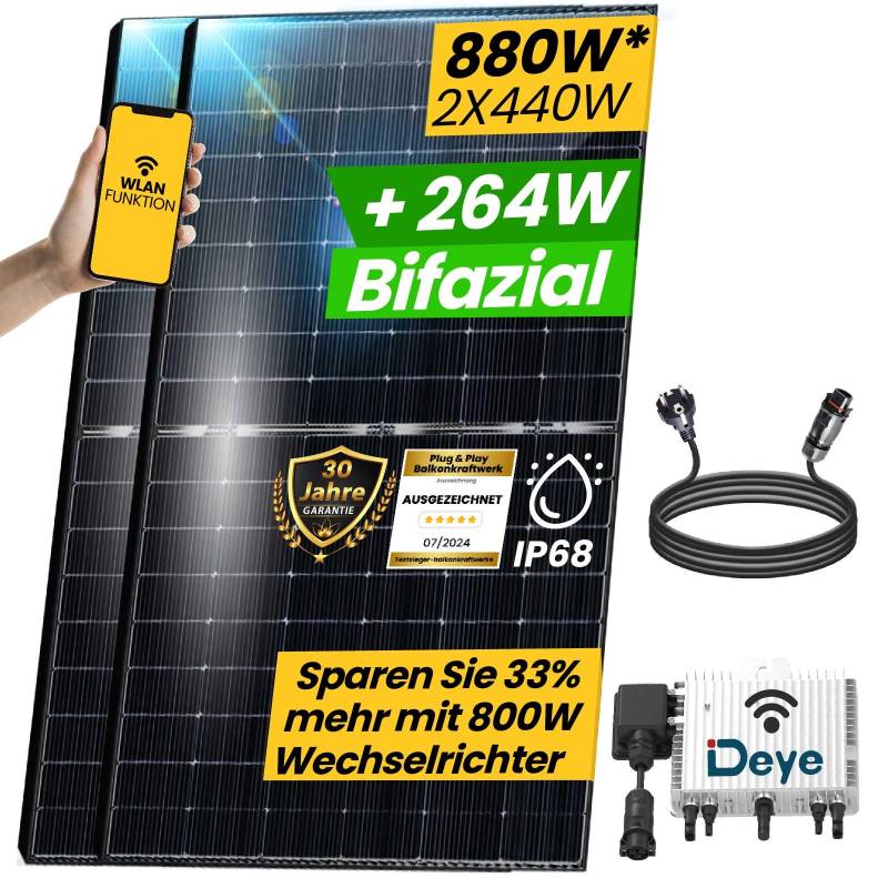 EPP.Solar® 880W Balkonkraftwerk 800W komplett Steckdose - Balkonkraftwerk 800 Watt upgradebarer DEYE Wechselrichter 600W/800W, 2x440W Bifaziale Glas/Glas Solarmodule im Solaranlage Komplettset von EPP.Solar