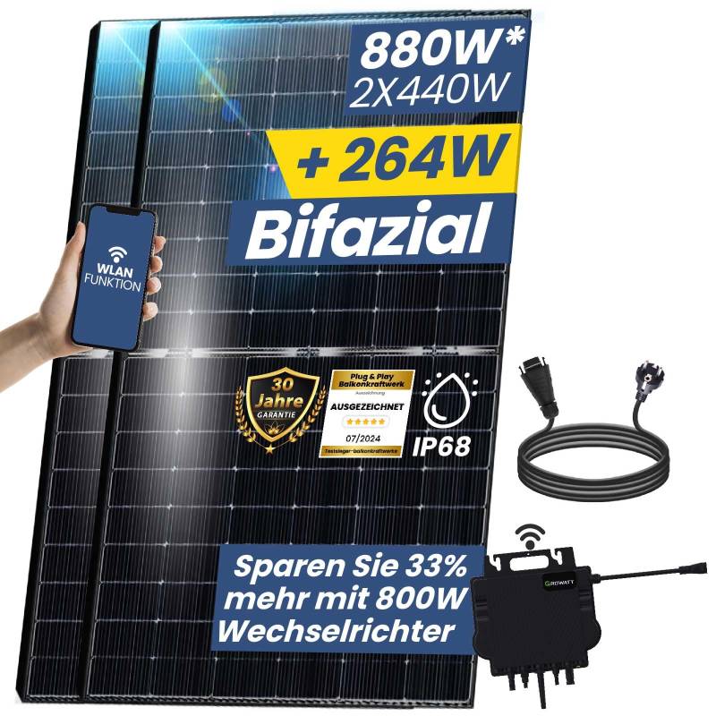 EPP.Solar® 880W Balkonkraftwerk 800W komplett Steckdose - Balkonkraftwerk 800 Watt upgradebarer Growatt NEO Wechselrichter 600W/800W, 2x440W Bifaziale Glas/Glas Solarmodule im Solaranlage Komplettset von EPP.Solar