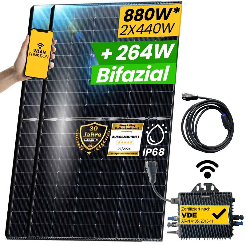 EPP.Solar® 880W Balkonkraftwerk Bifazial Komplettset Photovoltaik Solaranlage mit 800W WIFI Wechselrichter Smart Mini PV Anlage (880-ABSAAR-800W, Mit Schukostecker) von EPP.Solar