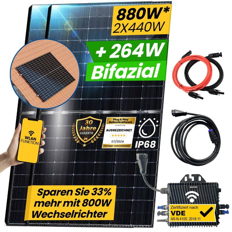 EPP.Solar® 880W Balkonkraftwerk Bifazial Komplettset Photovoltaik Solaranlage mit 800W WIFI Wechselrichter Smart Mini PV Anlage | Ziegeldach PV Montagesystem von EPP.Solar