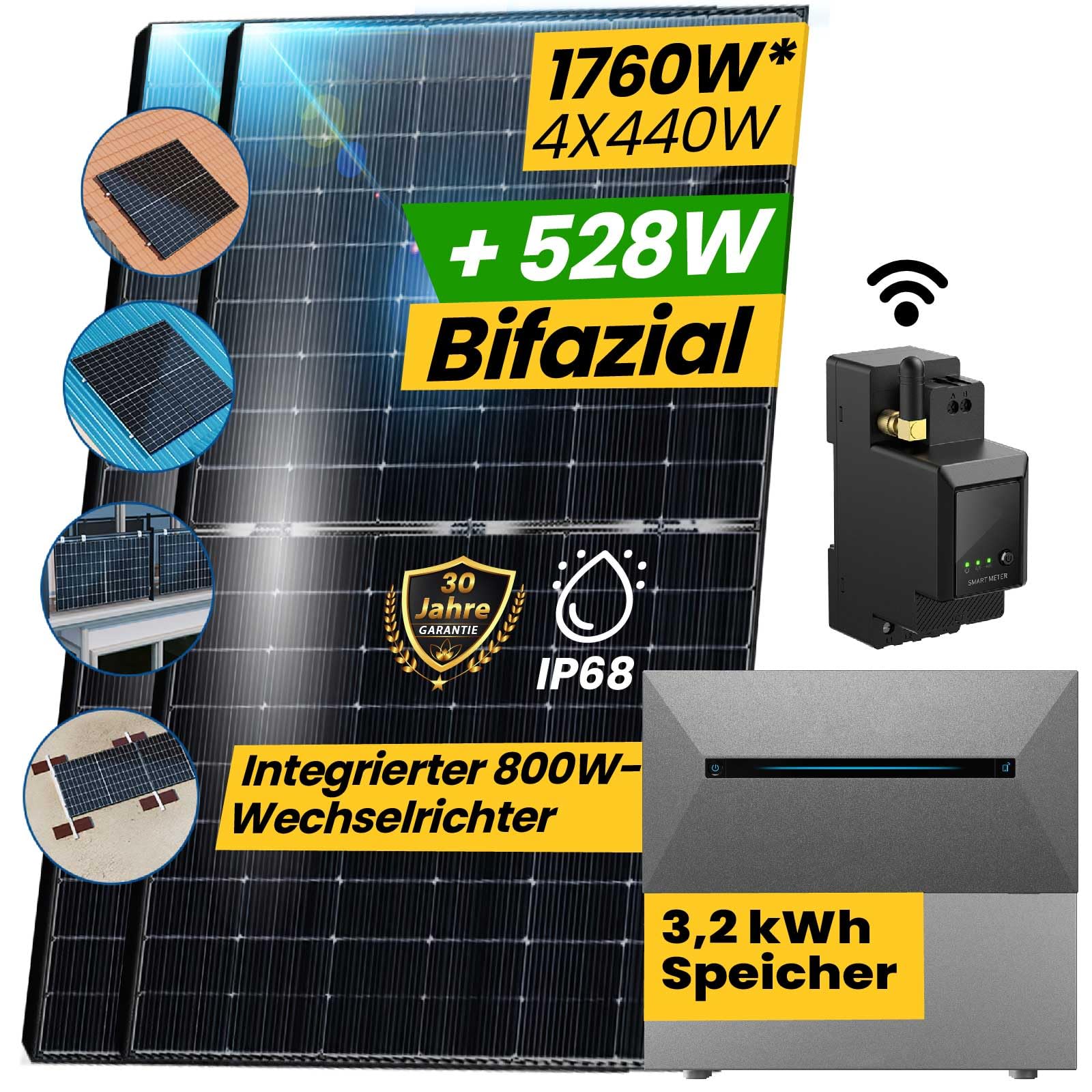 EPP.Solar® All In One Balkonkraftwerk 1760W Komplett Steckdose, 3,2 kWh ANKER SOLIX E1600 PRO Speicher für Balkonkraftwerk, Smart Meter- 4x440W Bifaziale Glas/Glas n-Type, Wechselrichter mit APP&WiFi von EPP.Solar