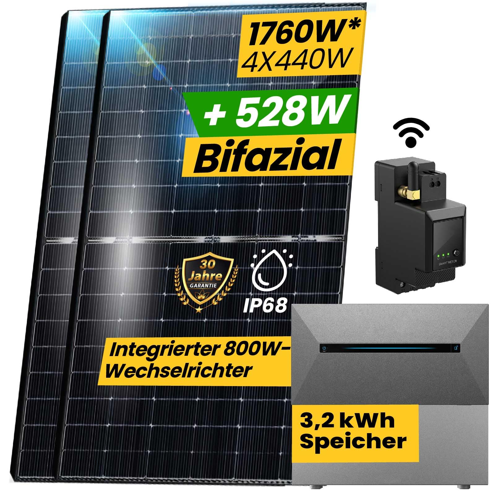 EPP.Solar® All In One Balkonkraftwerk 1760W Komplett Steckdose, 3,2 kWh ANKER SOLIX E1600 PRO Speicher für Balkonkraftwerk, Smart Meter- 4x440W Bifaziale Glas/Glas n-Type, Wechselrichter mit APP&WiFi von EPP.Solar