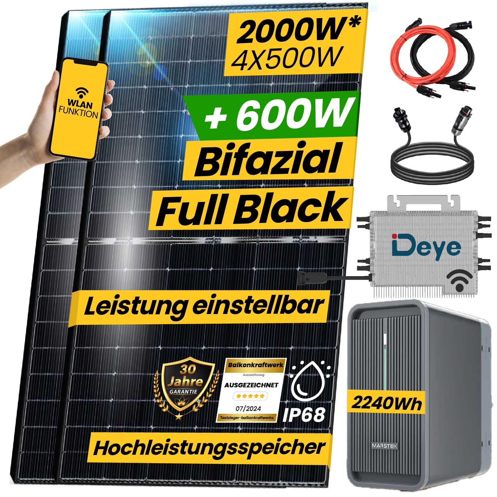 EPP.Solar® All In One Balkonkraftwerk 2000W Komplett Steckdose, 2,24 kWh Marstek B2500-D Speicher mit DEYE 1600W WIFI Wechselrichter, 4x500W Bifaziale Solarpanel von EPP.Solar