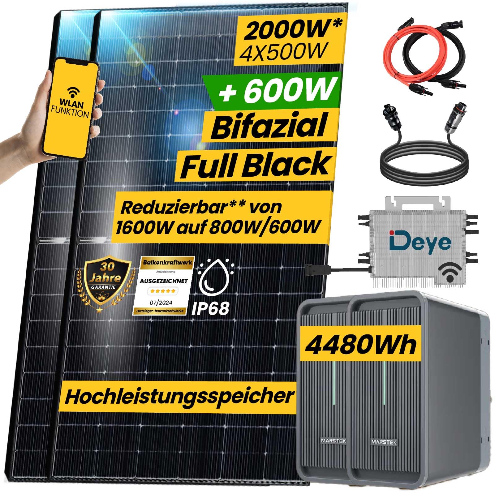 EPP.Solar® All In One Balkonkraftwerk 2000W Komplett Steckdose, 4,48 kWh Marstek B2500-D Speicher mit DEYE 1600W WIFI Wechselrichter, 4x500W Bifaziale Solarpanel, mit Stockschrauben von EPP.Solar