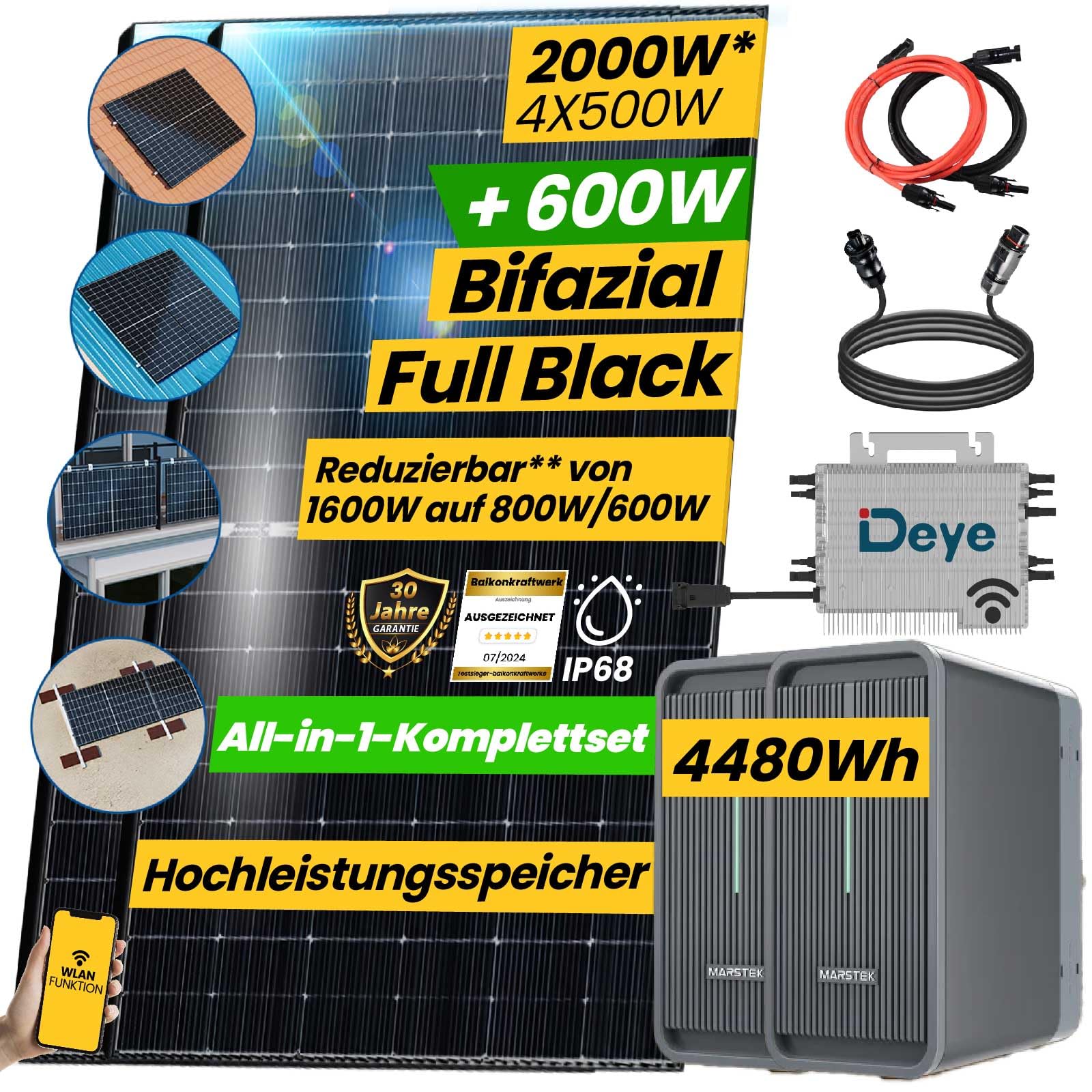 EPP.Solar® All In One Balkonkraftwerk 2000W Komplett Steckdose, 4,48 kWh Marstek B2500-D Speicher mit DEYE 1600W WIFI Wechselrichter, Smart Meter- 4x500W Bifaziale Solarpanel, Montagepaket Ziegeldach von EPP.Solar