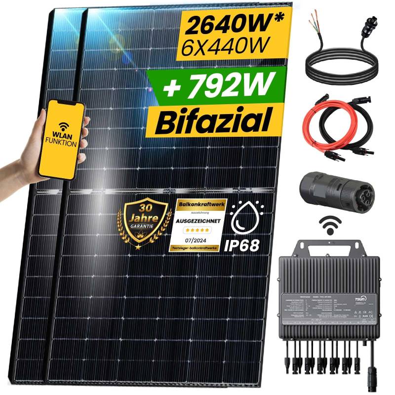 EPP.Solar® Balkonkraftwerk 2640W Komplett Steckdose, TSOL MP 3000W WIFI Wechselrichter, Smart Meter- 6x440W Bifaziale Solarpanel von EPP.Solar