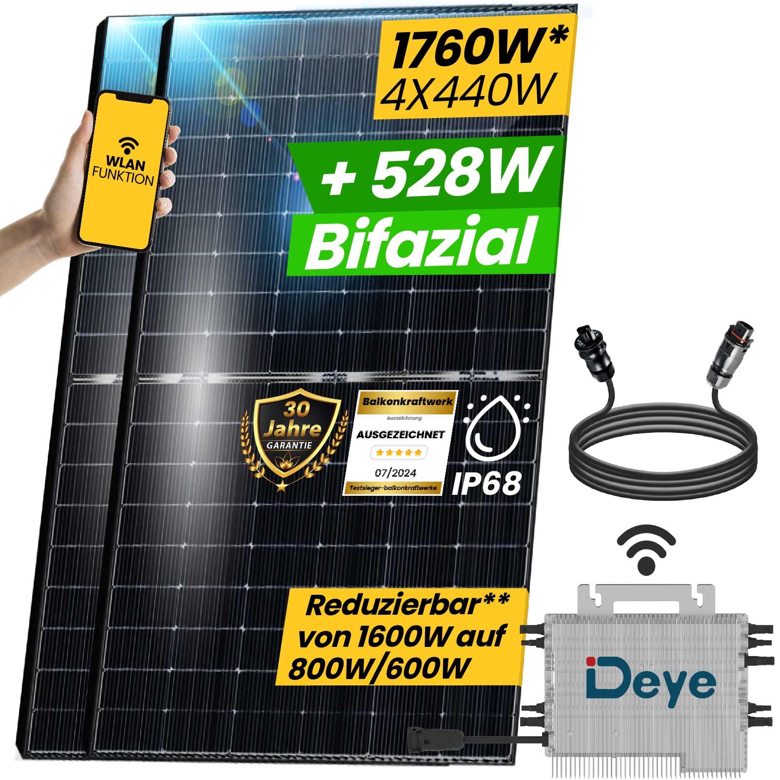 EPP.Solar® Balkonkraftwerk Komplettset 1760W Bifazial | Deye Wechselrichter 1600W | Photovoltaik Solaranlage mit 5m Wielandstecker von EPP.Solar