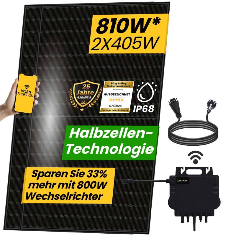 EPP.Solar® Balkonkraftwerk Komplettset 810W Bifazial | Growatt NEO Wechselrichter 800W | Photovoltaik Solaranlage mit 5m Schukostecker von EPP.Solar