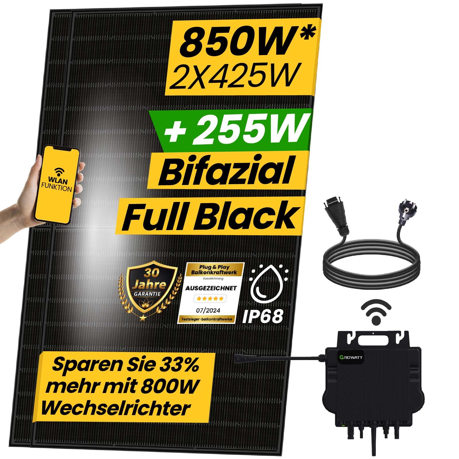 EPP.Solar® Balkonkraftwerk Komplettset 850W Bifazial | Growatt NEO Wechselrichter 800W | Photovoltaik Solaranlage mit 5m Schukostecker von EPP.Solar